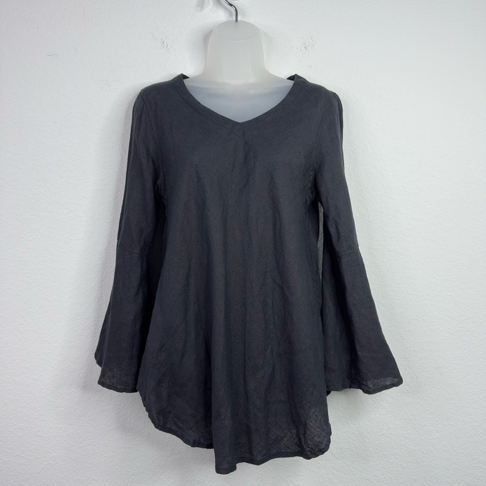 Crown Linen Designs Shirt Womens M Black Linen Bell Sleeve Lagenlook Witchy Boho